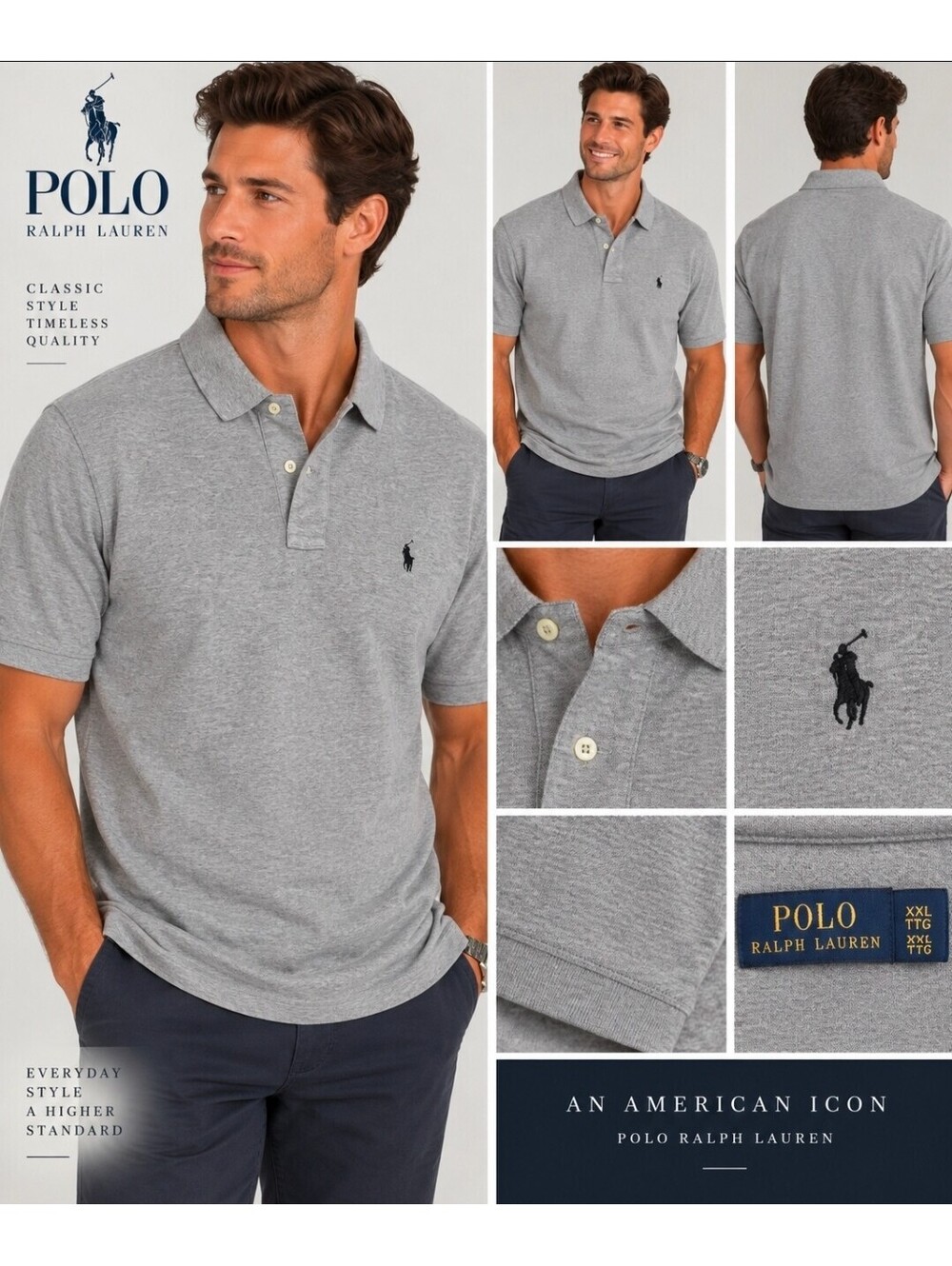 Polo Ralph Lauren Mens XXL Gray Heather Polo Shirt Black Pony 100% Cotton